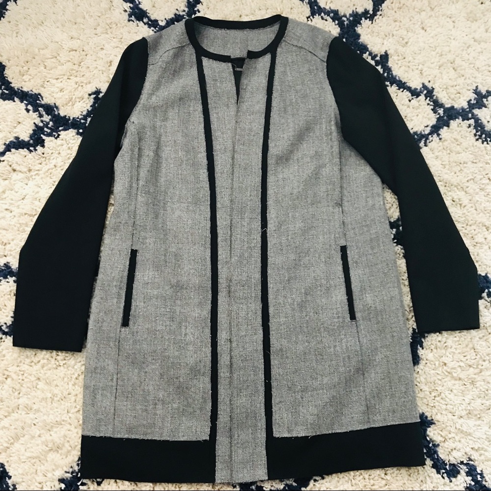 Elie Tahari Gray Black Tweed Panel Open Long Coat